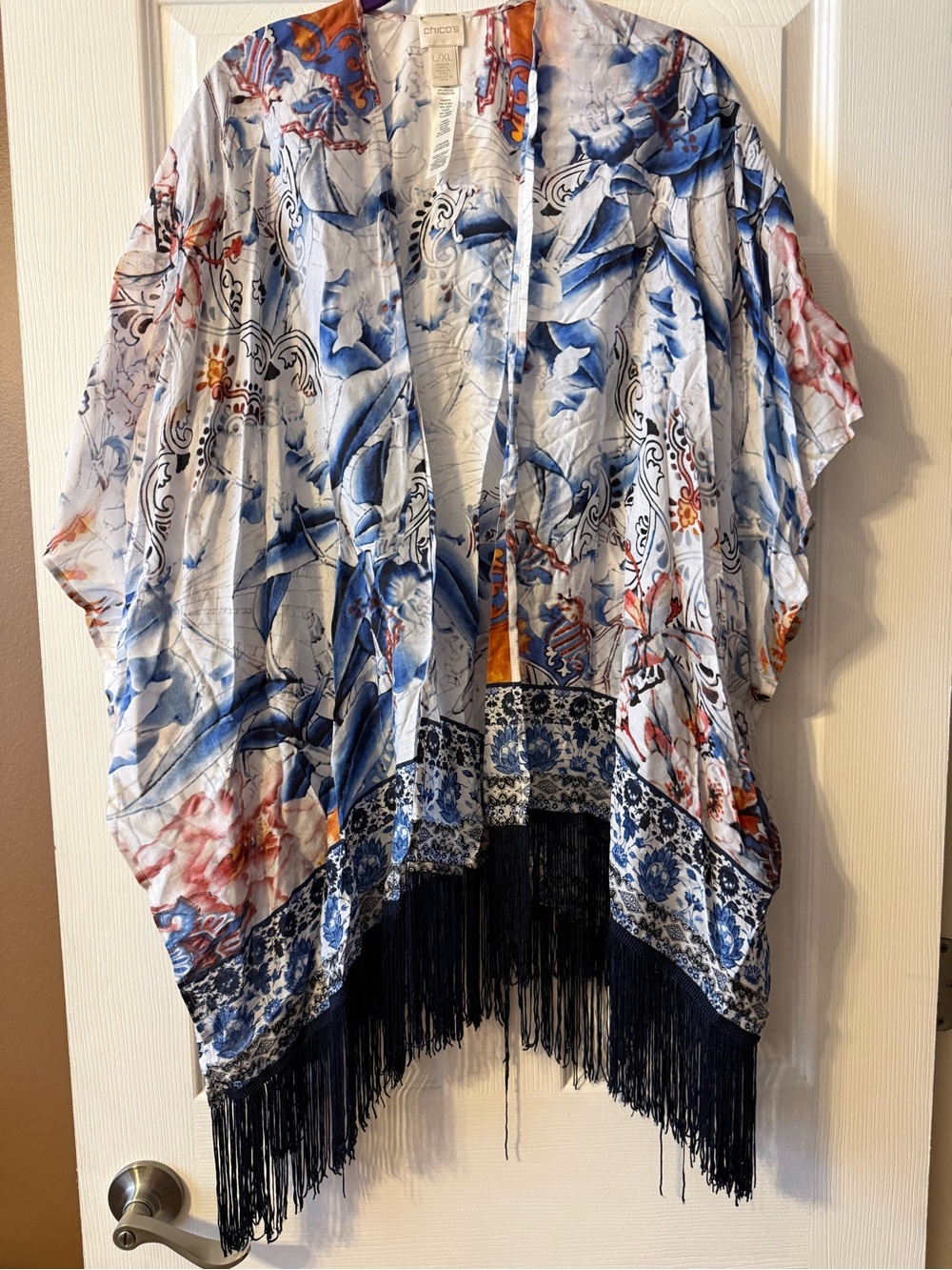 Chico's Fringed Silk-Blend Ruana Watercolor Floral Kimono Cardigan L/XL
